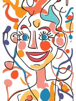 Abstract line art depicting a happy woman smiling, featuring colorful shapes and patterns. This playful and whimsical illustration is perfect for projects related to joy, positivity, and modern art
