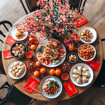 Traditional Chinese New Year Banquet Table: A round table with traditional Chinese New Year celebration dishes such as dumplings, fish and oranges. Decorated with plum blossoms and lucky red envelopes.