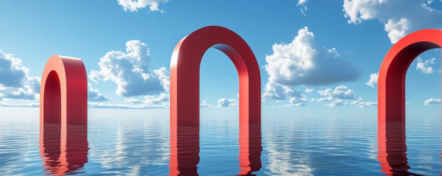 Red arches over calm water under a cloudy blue sky, surreal landscape. Art and nature concept.