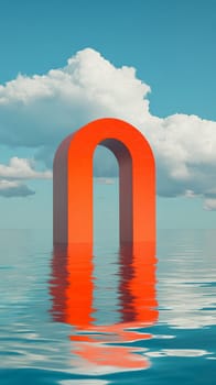 Red arch sculpture over water with cloudy sky, surreal art concept.