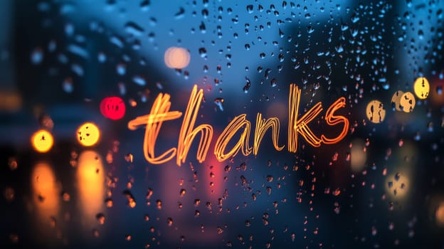 Raindrops on window with thanks written in bright lights.