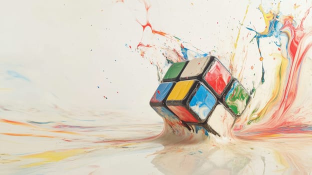 Rubik's cube dissolving in colorful paint splash, dynamic art concept.
