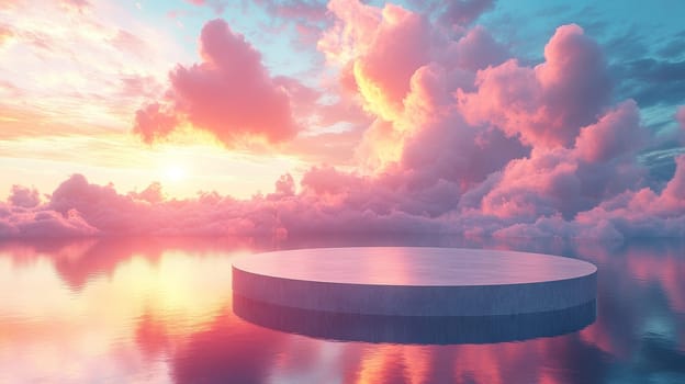 circular platform in serene sunset over calm water.