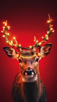 Reindeer with illuminated antlers on red background, festive holiday concept.