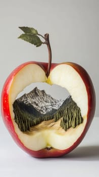 Surreal apple with mountain landscape inside.