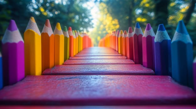 Colorful pencil bridge in forest, creativity and art concept.