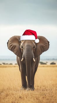 Elephant wearing a santa hat in the savannah, playful holiday concept.
