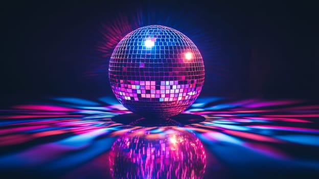 disco ball with vibrant colorful lights reflecting on dark background.