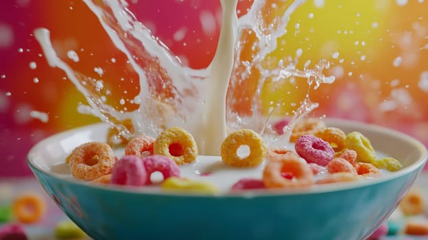 Colorful cereal in bowl with milk splash, vibrant breakfast scene. Healthy eating and morning routine concept.