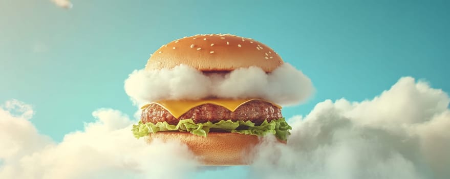 Cheeseburger floating among clouds, surreal concept.