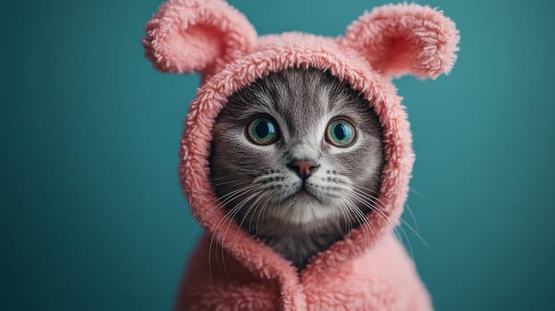 Cute kitten in pink bear costume against blue background, adorable pet concept.