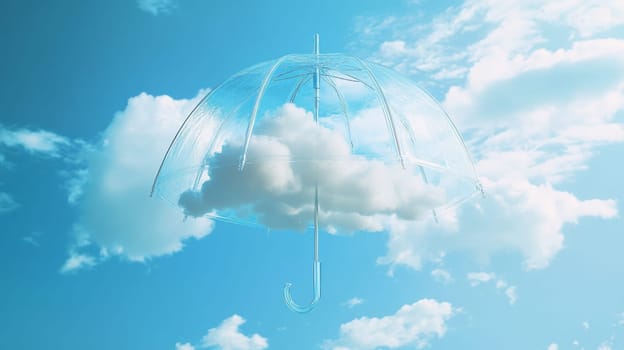 Clear umbrella floating with a cloud inside against a blue sky, surreal concept.