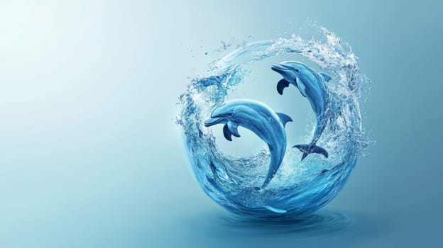 Dolphins jumping through a splash of water, serene marine concept.