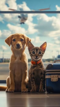 Puppy and kitten sitting by window at airport, travel companions concept.