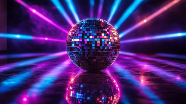 Disco ball reflecting colorful neon lights in a dark room, party atmosphere. Retro music and dance concept.