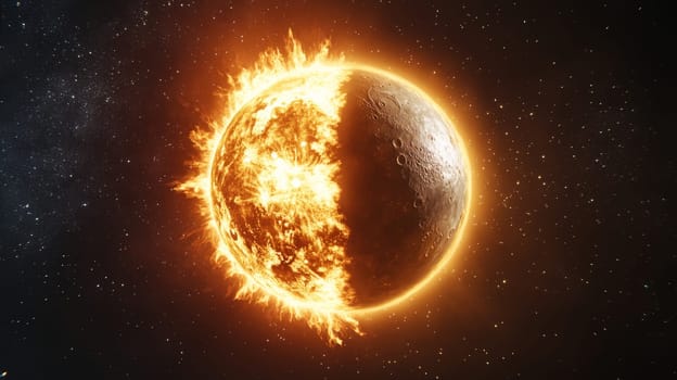 Half sun half moon in space, cosmic concept.