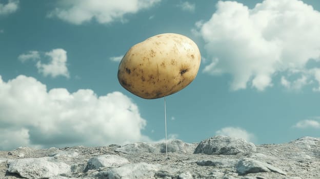 Floating potato against a cloudy sky landscape, surreal concept.