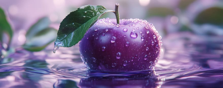 Purple apple with dew on water surface, vibrant and fresh concept.
