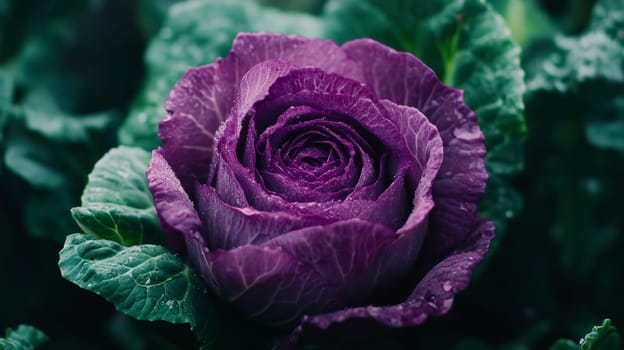 Close-up of a purple ornamental cabbage surrounded by green leaves.