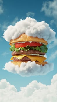 Floating hamburger in the clouds, whimsical and surreal concept.