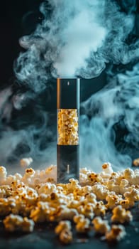 Vape device with popcorn kernel chamber surrounded by smoke, futuristic design concept.