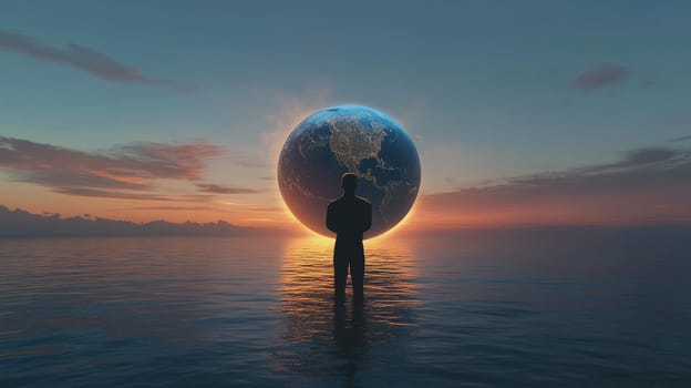 Silhouette of a person with earth at sunset over ocean, concept of global connection.
