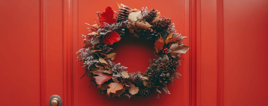 Autumn wreath on red door for thanksgiving and holiday decor.