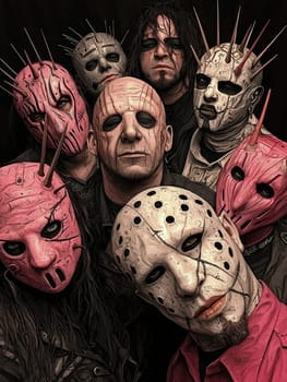 Group of heavy metal musicians strike a scary pose in spiked masks, exuding power and intensity. The dark, sinister atmosphere adds to the aggressive vibe, appealing to fans of alternative rock