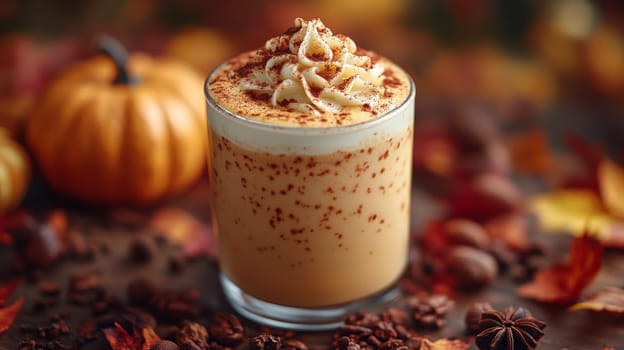 Pumpkin spice latte with whipped cream and autumn decorations.