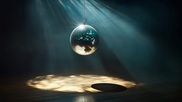 Disco ball with spotlight reflections on wooden floor, party atmosphere concept.