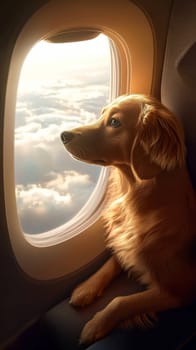 Golden retriever gazing out of airplane window during flight.