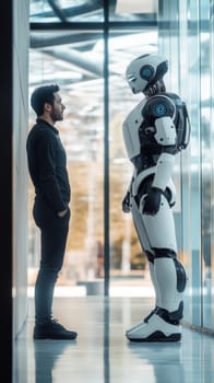Man facing humanoid robot in modern building, futuristic interaction concept.