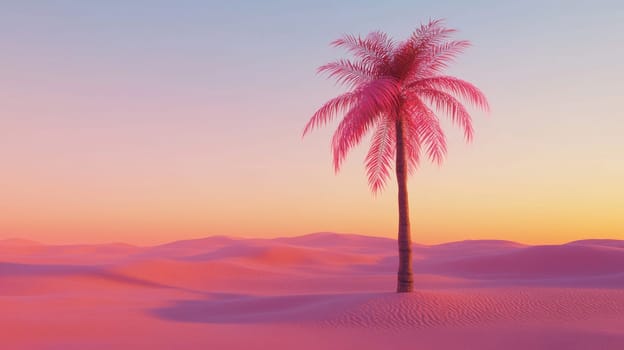 Lonely pink palm tree in a sandy desert at sunset, tranquil scene. Minimalistic nature art concept.