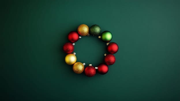 Christmas wreath made of colorful baubles on dark green background. Holiday decoration concept.