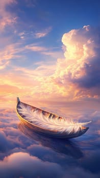 Boat with feather floating on clouds during sunset, dreamlike landscape concept.