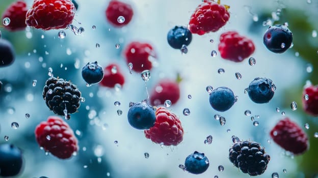 Fresh berries falling with water droplets on blue background.