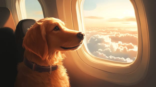 Dog looking out airplane window at sunrise.