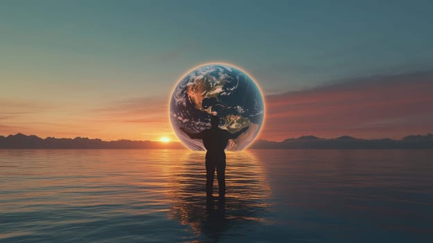 Person holding illuminated planet earth over ocean at sunset, surreal concept.