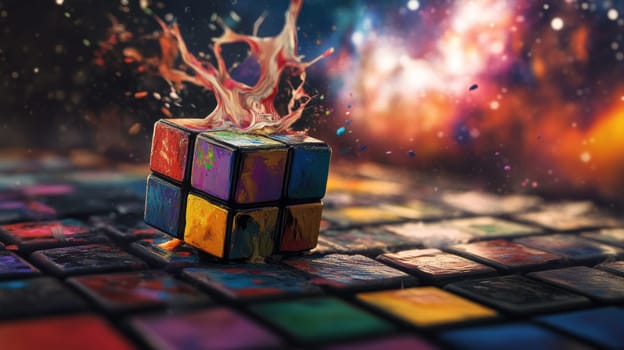 Rubik's cube melting on colorful surface, abstract art concept.