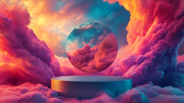 surreal clouds with circular mirror reflecting vibrant sunset hues.
