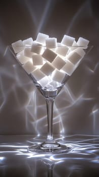 Martini glass filled with sugar cubes, abstract light reflections. Food photography and creative concept.