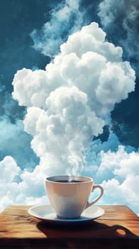 steaming cup of coffee with billowing cloud backdrop, surreal concept.