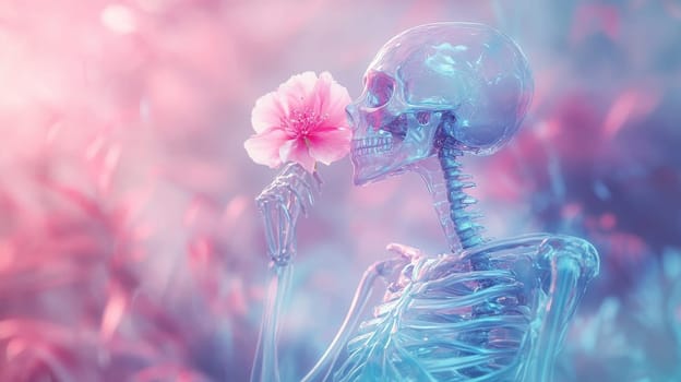 Skeleton holding a pink flower in surreal pastel setting, artistic concept.