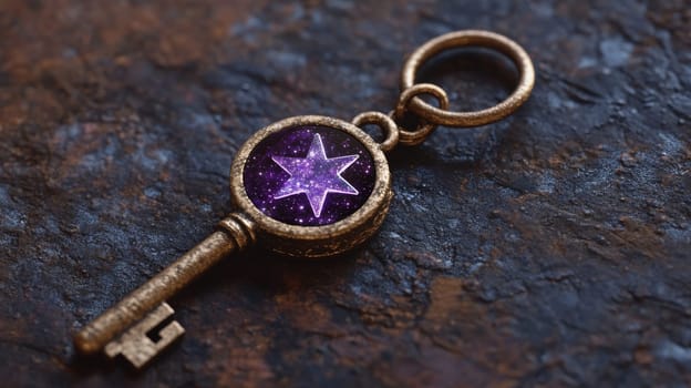 Rustic key with starry purple gem on stone surface, mystical concept.