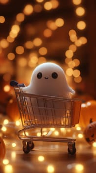 Cute ghost plush in shopping cart surrounded by halloween lights. Festive decoration and autumn vibes.