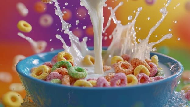 Bowl of colorful cereal with milk splash, vibrant background. Breakfast and fun concept.