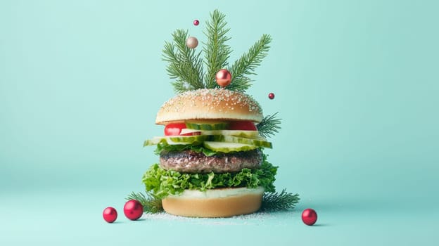 Festive burger with decorations on blue background. Holiday food concept.