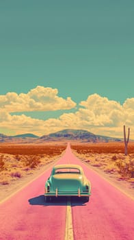 vintage car on deserted road in surreal desert landscape, retro travel and adventure concept.