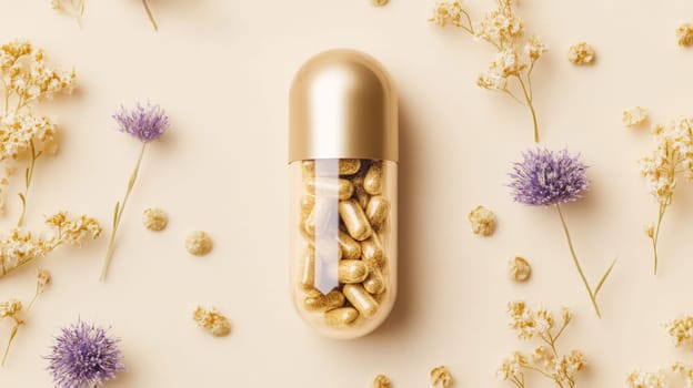 Golden capsule surrounded by delicate flowers.