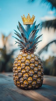 Pineapple with golden crown against blue sky, tropical concept.